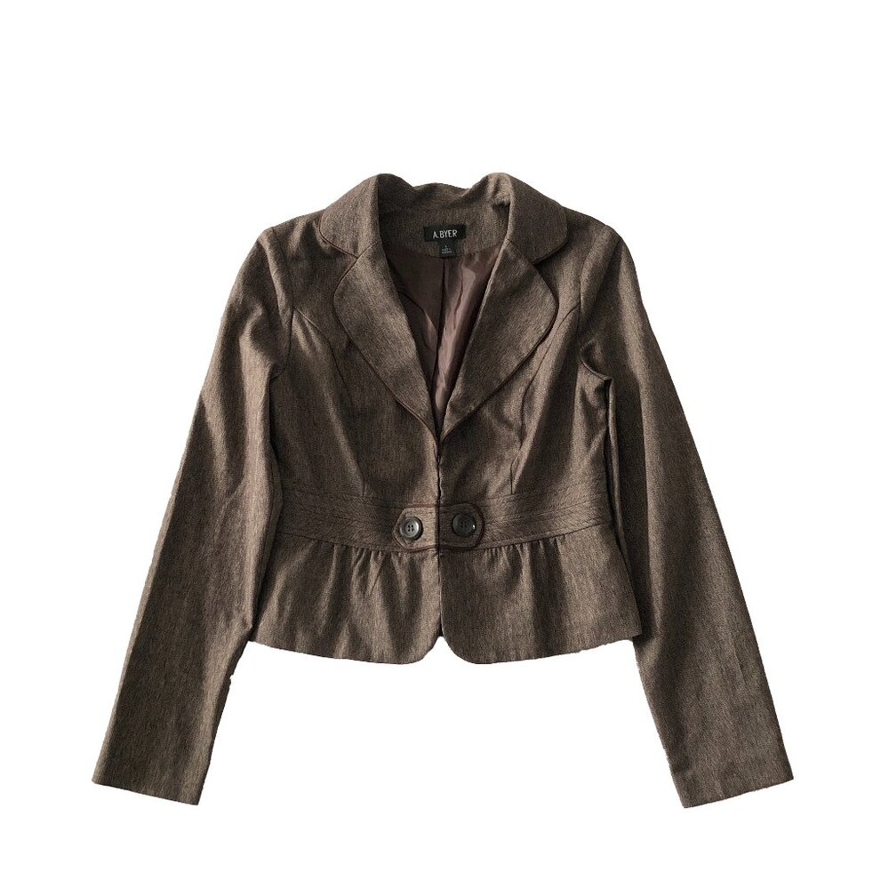 A. Byer Blazer Womens L Brown Rounded Lapel Collar Crop Long Sleeve Y2K Jacket